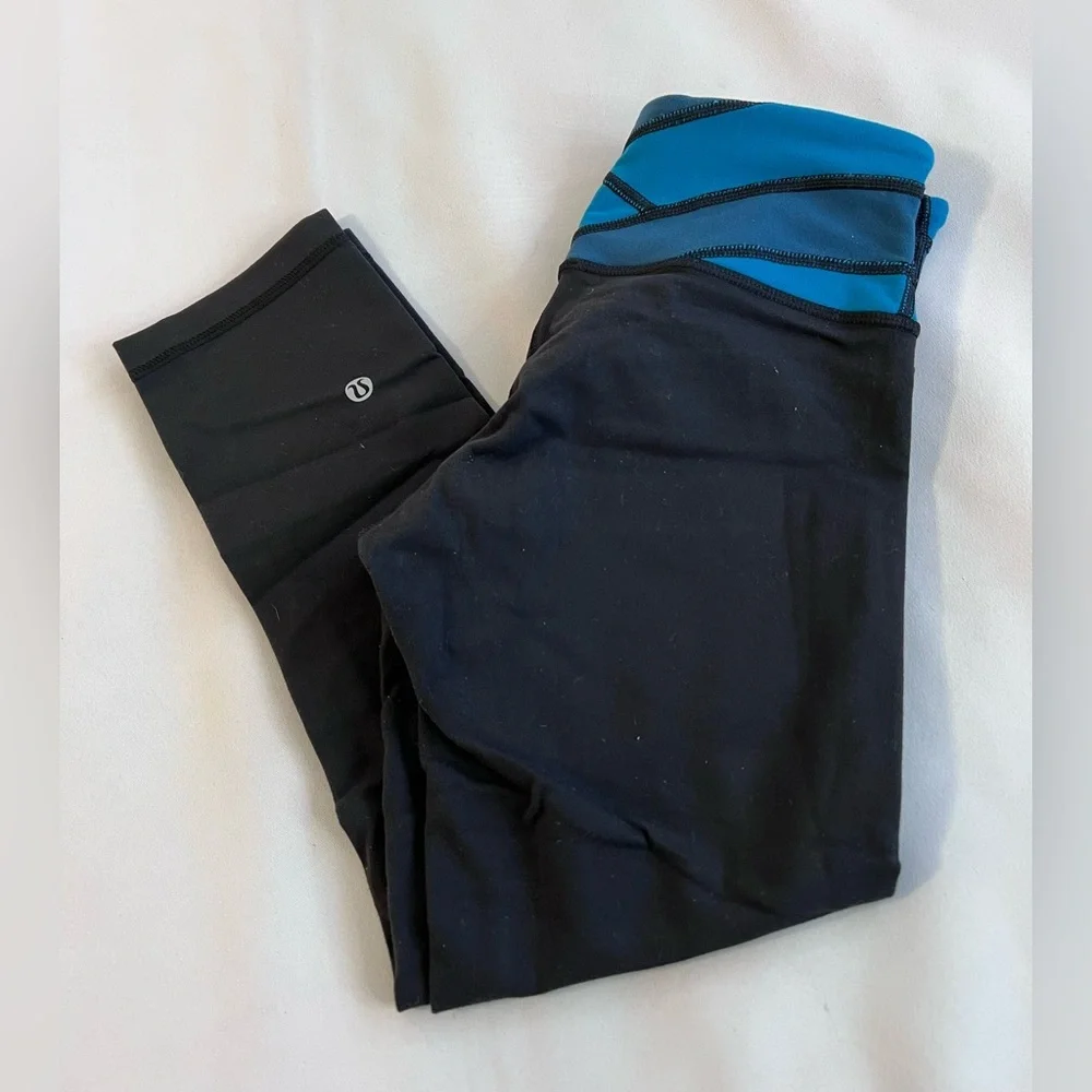 Lululemon Wunder Under Crop III Legging Black Tofino Teal Alberta‎ Lake, Size 4